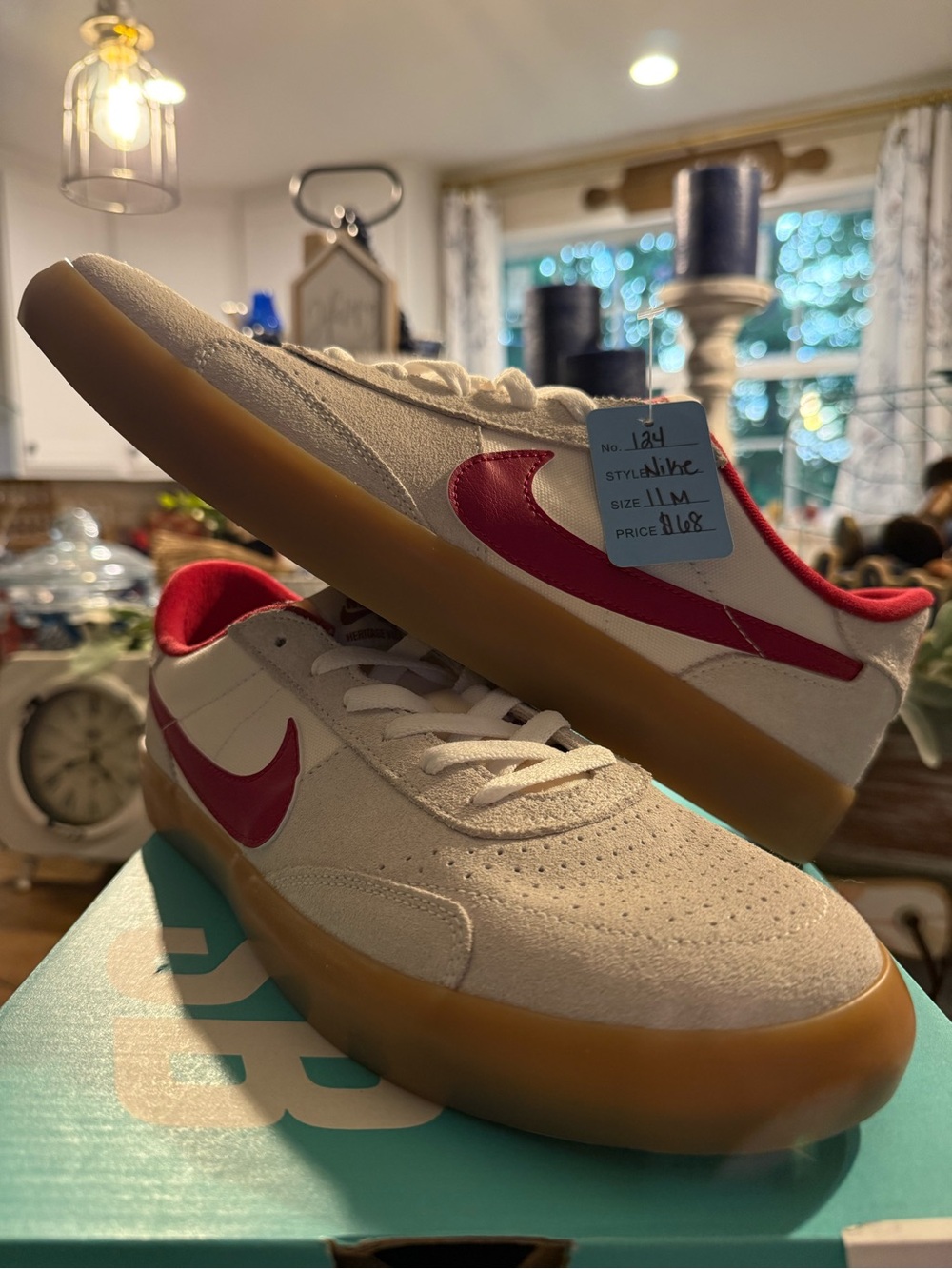 Nike Men's Cream Suede Athletic Sneakers with Red Swoosh